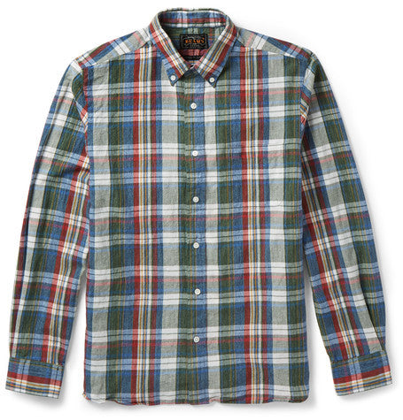 slim fit plaid cotton and linen blend shirt