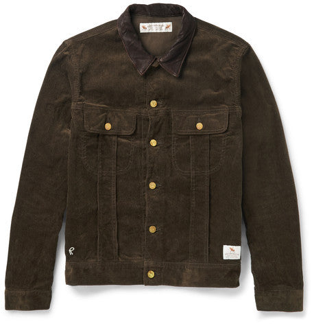 slim fit leather trimmed cotton corduroy jacket