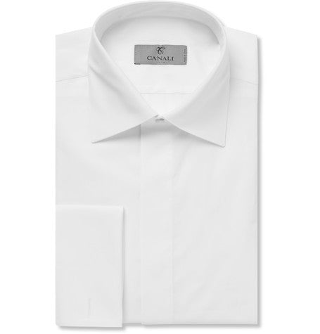 white double cuff cotton pique tuxedo shirt