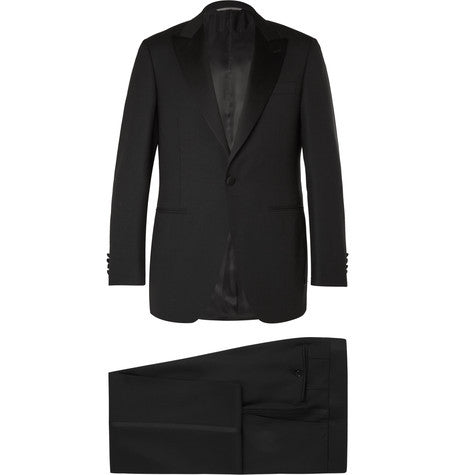 black slim fit satin trimmed wool tuxedo