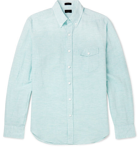 slim fit button down collar pinstriped linen and cotton blend shirt