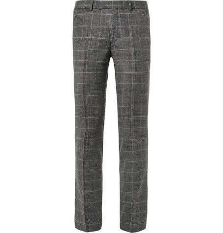 grey slim fit checked virgin wool trousers