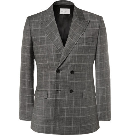 grey slim fit double breasted checked virgin wool blazer