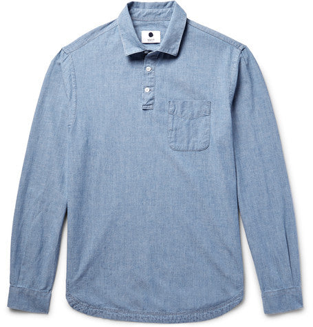 slim fit half placket cotton chambray shirt