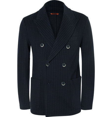 navy pinstriped virgin wool and cotton blend blazer
