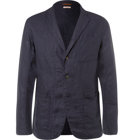 blue slim fit unstructured linen blazer