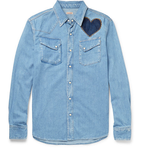 slim fit appliqued and embroidered denim shirt