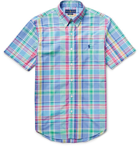 slim fit button down collar checked cotton poplin shirt