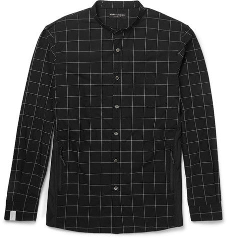grandad collar windowpane checked cotton shirt