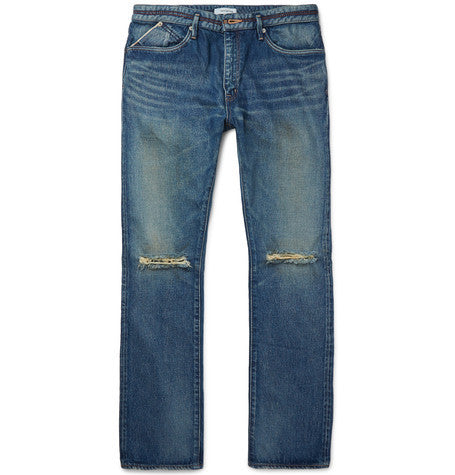 slim fit distressed selvedge denim jeans