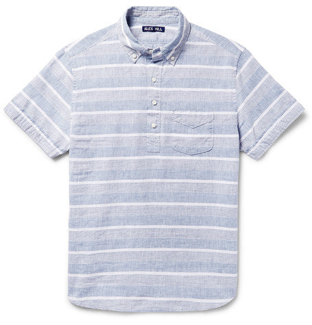 button down collar striped linen and cotton blend shirt