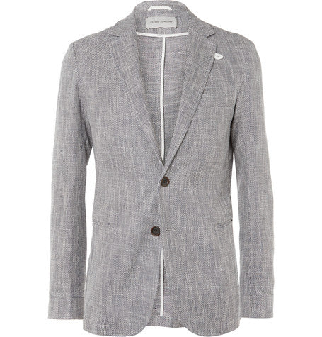 blue theobald slim fit linen and cotton blend jacket