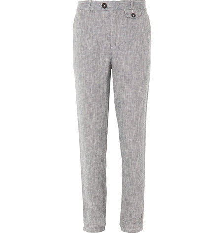 blue linen and cotton blend trousers