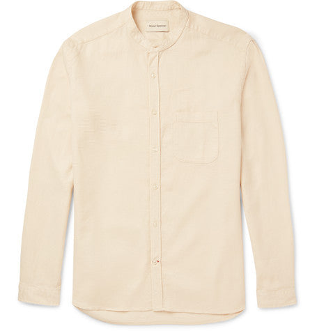 slim fit grandad collar waffle knit cotton and linen blend shirt