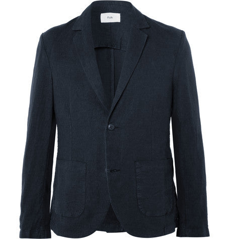 navy slim fit linen and cotton blend blazer