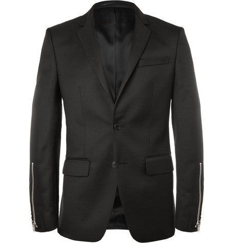 black slim fit zip trimmed wool blend blazer