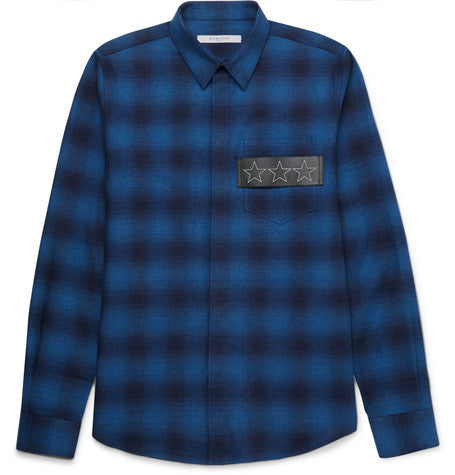 slim fit leather trimmed checked cotton flannel shirt