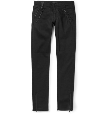slim fit leather detailed stretch denim jeans