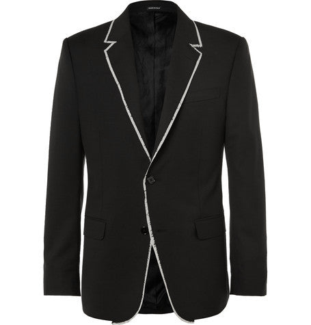 black slim fit fray trimmed wool jacket