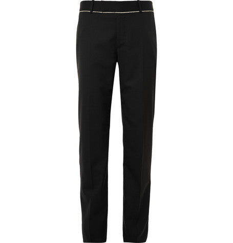 black slim fit fray trimmed wool suit trousers