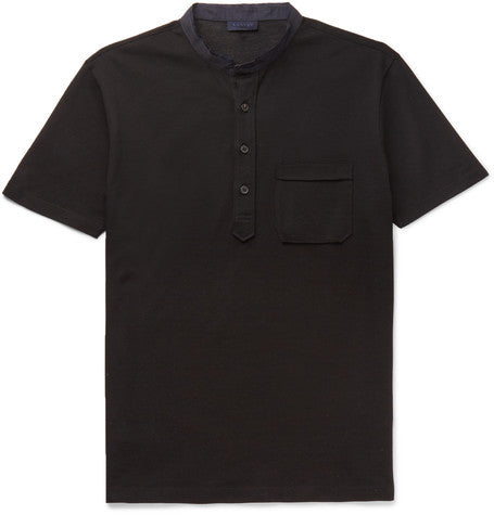 slim fit grandad collar cotton pique polo shirt