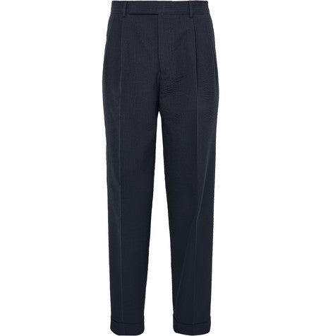 slim fit cotton and wool blend seersucker trousers