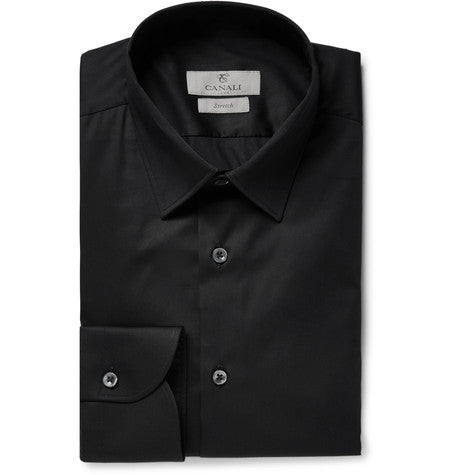 black slim fit stretch cotton blend poplin shirt