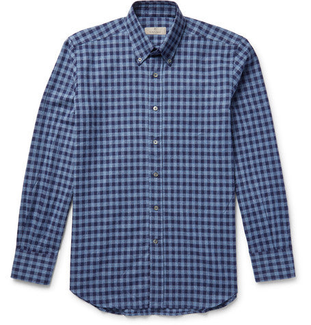 button down collar gingham cotton flannel shirt