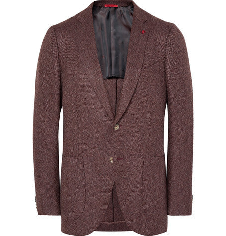 burgundy slim fit herringbone wool and cashmere blend blazer