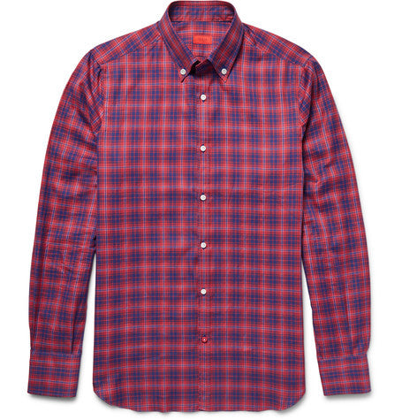 slim fit button down collar checked cotton shirt