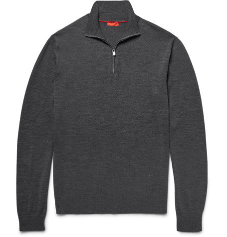 elbow patch merino wool half zip sweater