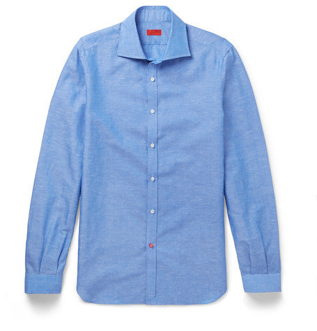 slim fit spread collar slub cotton and linen blend shirt