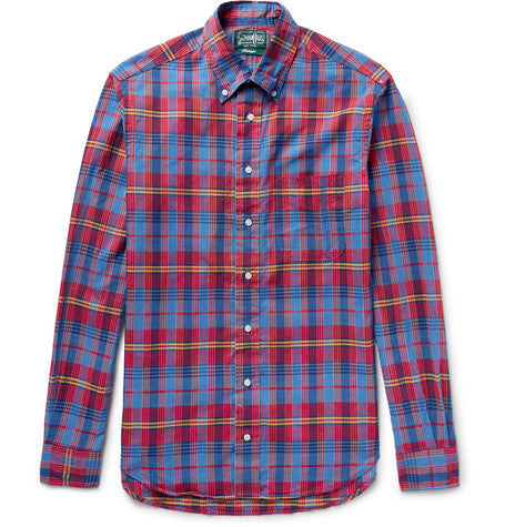 button down collar checked cotton shirt