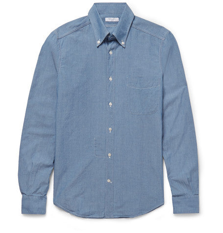 slim fit button down collar cotton chambray shirt