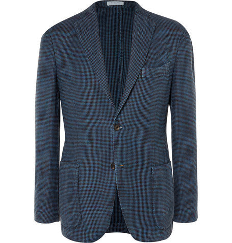 navy houndstooth linen and cotton blend blazer