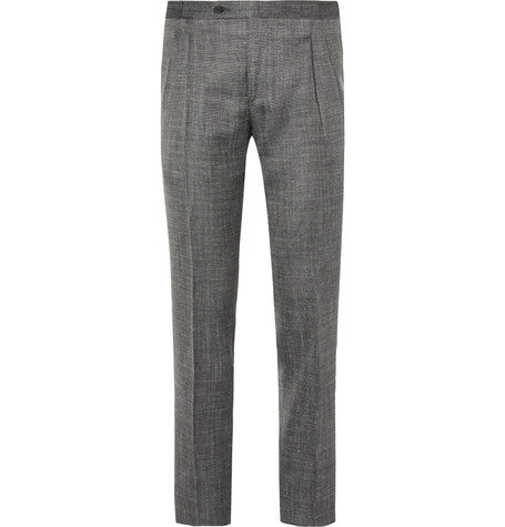 grey slim fit wool  silk and linen blend trousers