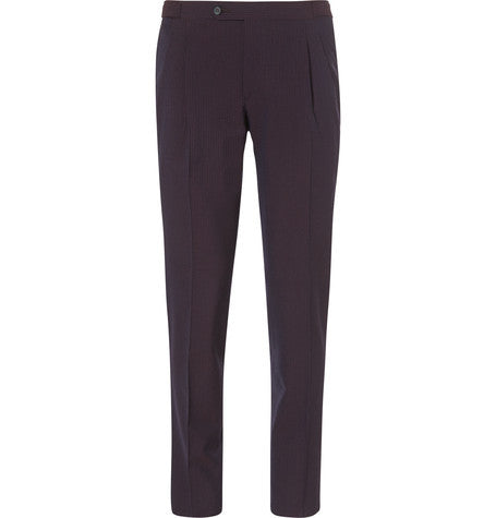 burgundy slim fit wool and silk blend seersucker suit trousers