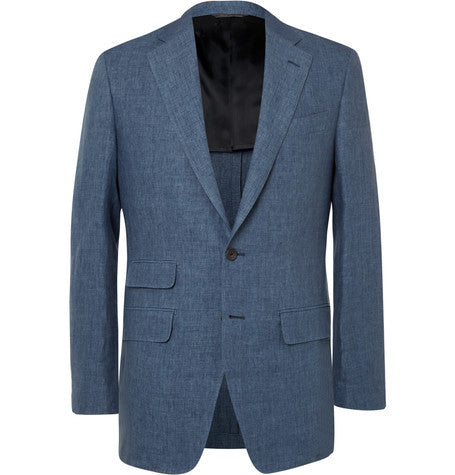 blue slim fit linen chambray blazer