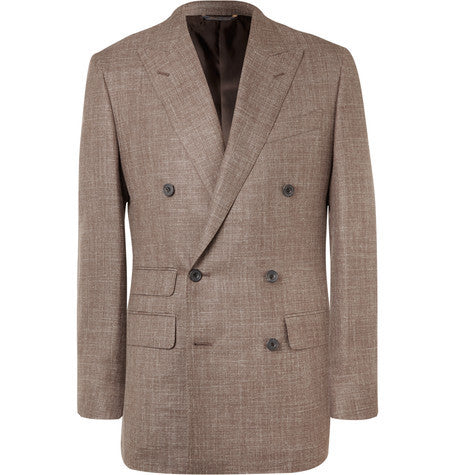 brown slim fit double breasted slub wool  silk and linen blend blazer