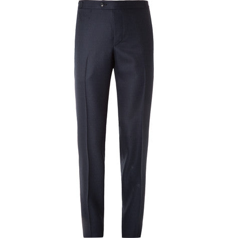 navy slim fit textured wool trousers