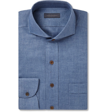blue slim fit cutaway collar herringbone linen shirt