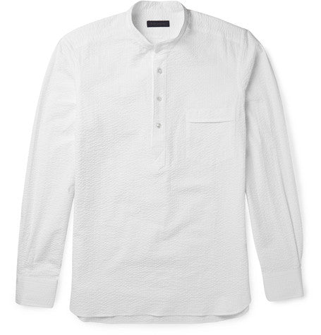 slim fit grandad collar cotton seersucker shirt